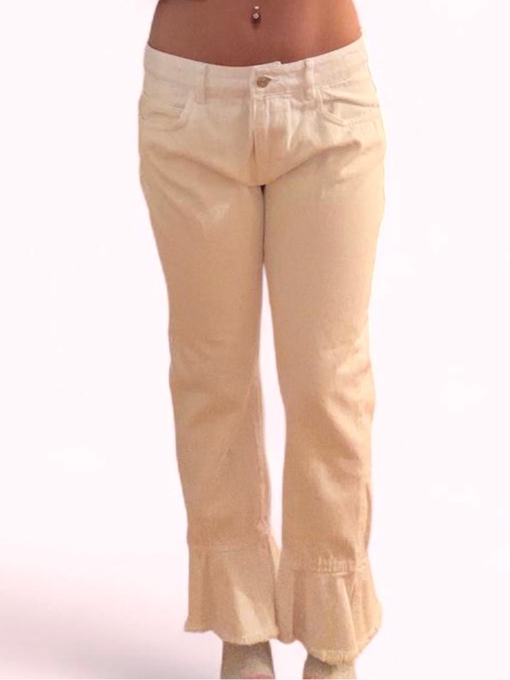 White cropped Ruffle Hem Pants
